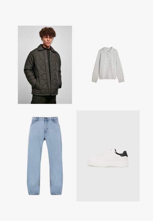 Tmavě prošívaná bunda s límcem, která má hladkou texturu a velké kulaté prošívací vzory, zapínaná na patentky.; Šedý pletený pulovr s límečkem, třemi předními knoflíky a ribbovaným lemem. Tkanina se jeví jako měkká a texturovaná, s uvolněným střihem.; Světle modré denímové džíny se střihovým stylem rovné nohavice, které mají čtyři kapsy, zipový uzávěr a zlaté švy.; Bílé kožené tenisky s vyraženým vzorem, strukturovanou bílou mezipodešví a černým akcentem na patě. Mají zaoblenou špičku a ploché šňůrky.