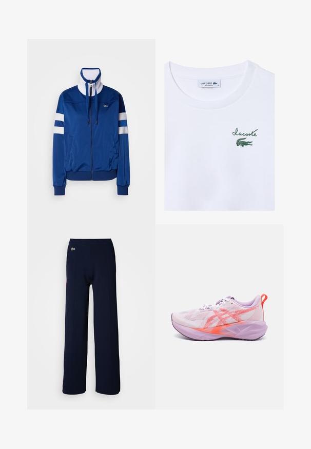 Jachetă de trening din poliester albastru cu guler înalt, fermoar frontal, accente și dungi albe. Are un logo pe pieptul stâng.; Tricou alb din bumbac cu o croială lejeră; prezintă un logo "Lacoste" verde și un grafic cu crocodil în zona stângă a pieptului.; Pantaloni largi de culoare albastru marin, cu o textură moale, având un brâu ribat și un mic logo verde în față, evidențiind un design curat.; Pantofi de alergare ușori în nuanțe de roz pastel și lavandă, cu un superior din plasă respirabilă, accente texturate și o talpă amortizată pentru suport.