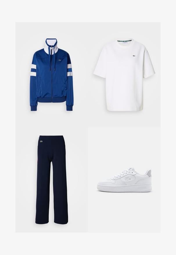 Jaqueta de fato de treino azul em poliéster com colarinho alto, fecho frontal, detalhes em branco e riscas. Apresenta um logótipo no lado esquerdo do peito.; T-shirt branca de manga curta da Lacoste com gola redonda e pequeno logotipo de crocodilo verde no lado esquerdo do peito.; Calças largas azul marinho com uma textura suave, apresentando uma cintura canelada e um pequeno logo verde na parte da frente, destacando um design limpo.; Tênis atlético branco com parte superior em couro liso, biqueira redonda e fechamento com cadarços. Apresenta logo em relevo e detalhe cinza no calcanhar. Sola plana de borracha.