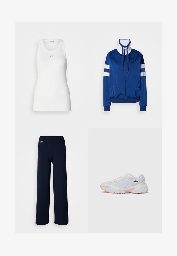 Zils poliestera sporta uzvalka žakets ar augstu apkakli, priekšējo rāvējslēdzēju, baltām akcentiem un svītrām. Uz kreisā krūšu daļā ir logo.; Balta bezpiedurkņu T-kreklu ar apaļu izgriezumu un ribotu tekstūru. Uz krūtīm ir mazs zaļš Lacoste krokodila logotips.; Jūras zilas platās bikses ar mīkstu tekstūru, ar ribotu jostasvietu un mazu zaļu logo priekšpusē, izceļot tīru dizainu.; Baltas sporta apavi ar tekstūru tīkla virsmu, diskrētām rozā akcentiem uz zoles un zaļu krokodila logotipu sānos.