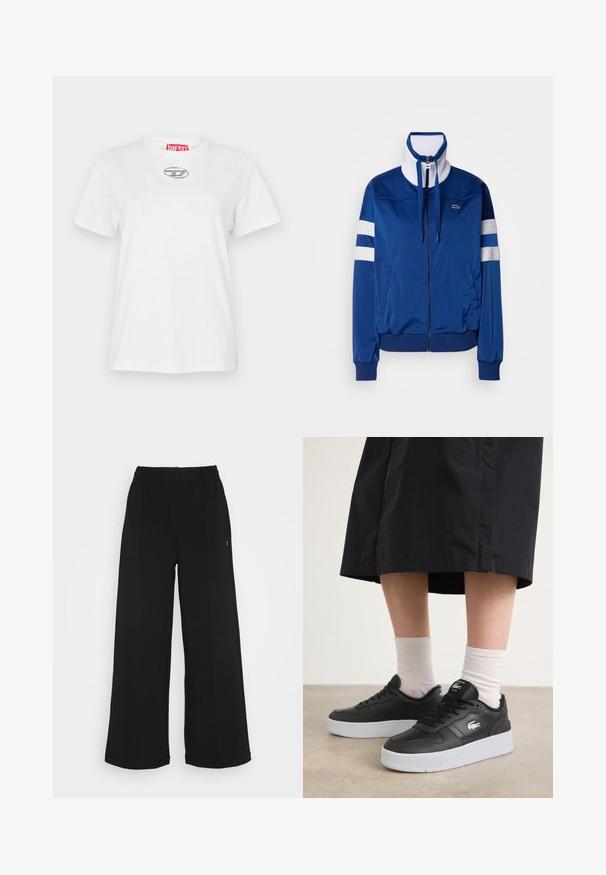 Sinine polüesterist jooksuülikonna jakk, millel on kõrge krae, esine lukuga, valged aktsendid ja triibud. Vasakul rinnal on logo.; Valge puuvillane T-särk, ümar kaelus, lühikesed varrukad ja hõbedane logoaktsent rinnal. Kaelas on punane brändimärk.; Mustad laiad püksid elastse vöökohtaga. Valmistatud pehmest ja kergest materjalist. Ees on vertikaalsed õmblused.; Mustad musta nahast tossud valge kummist tallaga, millel on logo küljel, ümmargune varvas ja mustad lipsud. Kandsid valgete sokkidega.