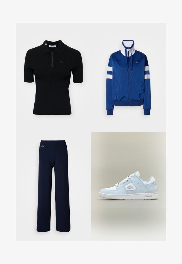 Jaqueta de fato de treino azul em poliéster com colarinho alto, fecho frontal, detalhes em branco e riscas. Apresenta um logótipo no lado esquerdo do peito.; Camisa polo preta canelada com mangas curtas, gola com zíper e um discreto detalhe de logotipo. Feita de material de malha texturizada.; Calças largas azul marinho com uma textura suave, apresentando uma cintura canelada e um pequeno logo verde na parte da frente, destacando um design limpo.; Sapatilha de couro azul claro com detalhes brancos, bico arredondado, painel texturizado na lateral e um calcanhar cinza. Apresenta um design clássico de atacadores.