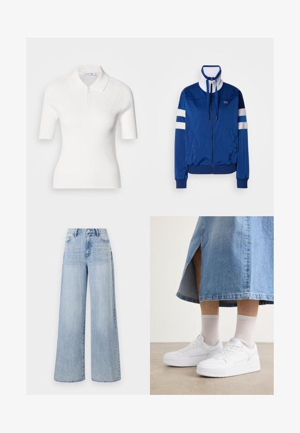 Zils poliestera sporta uzvalka žakets ar augstu apkakli, priekšējo rāvējslēdzēju, baltām akcentiem un svītrām. Uz kreisā krūšu daļā ir logo.; Balts, īsu piedurkņu polo stila tops ar rāvējslēdzēja apkakli, ar smalku ribotu faktūru un mazu Lacoste logotipu uz krūtīm.; Gaišzili platās džinsās, kas izgatavotas no denima, ar punktu rakstu uz auduma un augsto jostasvietu, kā arī klasisko piecu kabatu dizainu.; Baltas sniegpārsteidzis ar teksturētu ādu, ar platformas zoli, apaļu purngalu un auklu sistēmu; savienots ar gaiši pelēkiem ceļgalu augstiem zeķēm un džinsa svārkiem.