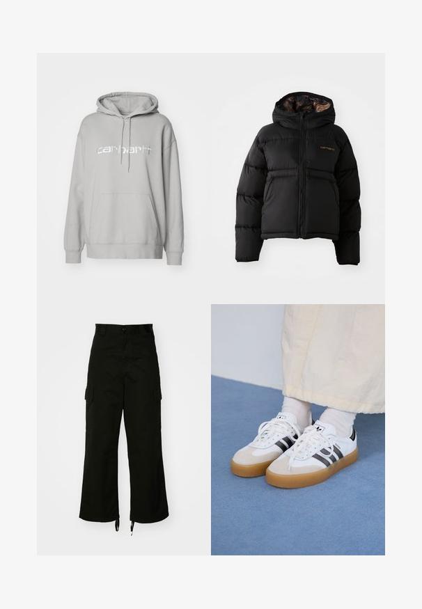 Must 黑色的羽绒外套,带有帽子,配有拉链闭合,水平绗缝设计,以及柔软、有质感的内衬。显眼的 Carhartt 标志。; Carhartt WIP HOODED - Pusa - basalt/white; Mustadest puuvillast cargo-püksidest, millel on laiad sääred, küljetaskud ja nööriga lõpulised säärised. Disain sisaldab nööbi sulgemist vöökohal.; Valged tossud mustade triipudega ja beeži nahaga aktsentidega. Omavad tekstuuriga kummist talla ja lamedaid valgeid paelu, kantud heledate sokkidega.