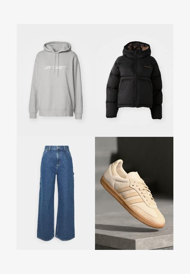 Casaco puffer preto com capuz, apresentando um fecho com zíper, design acolchoado horizontal e um forro interior macio e texturizado. Logótipo da Carhartt visível.; Carhartt WIP HOODED - Camisola - basalt/white; Calças de ganga azuis de perna larga com cintura alta, costuras em contraste e bolsos laterais, apresentando um design clássico de cinco bolsos e bainhas desfiadas.; Sapatilha de camurça bege clara com sola de borracha, três riscas diagonais e uma biqueira texturizada. Apresenta o logótipo na língua e na lateral.