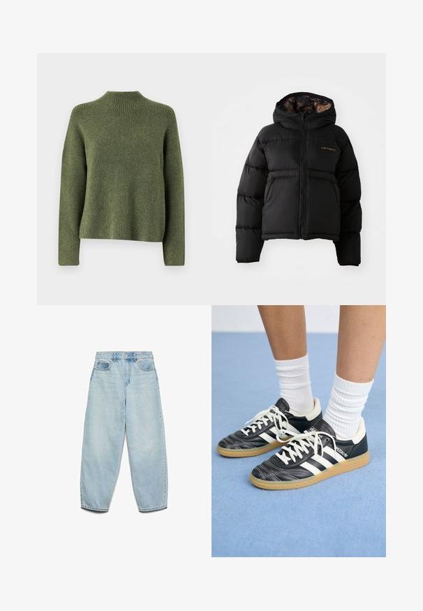 Giacca a vento nera con cappuccio, dotata di chiusura con zip, design a righe orizzontali e un morbido rivestimento interno testurizzato. Logo Carhartt ben visibile.; Maglione a coste verde oliva con collo alto e maniche lunghe, caratterizzato da una vestibilità rilassata e una texture morbida. Nessun motivo o dettaglio visibile.; Jeans in denim azzurro chiaro con vestibilità relaxed, vita alta e gambe ampie, con una texture leggermente sbiadita e design classico a cinque tasche.; Sneaker in pelle nera con strisce bianche, punta rotonda, lacci bianchi e suola in gomma. Menzionate del collare imbottito e dettagli del marchio.