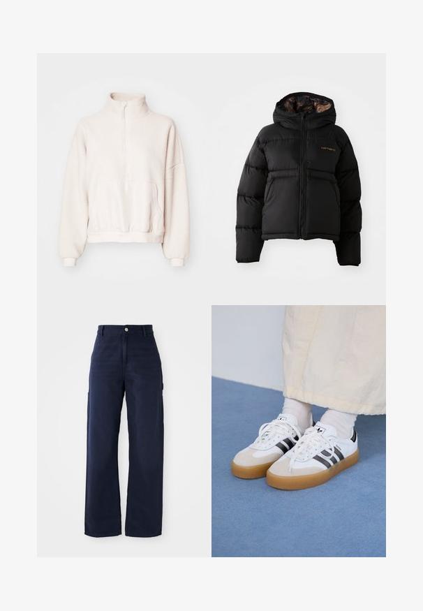 Black puffer jacket with a hood, featuring a zip closure, horizontal quilted design, and a soft, textured inner lining. Carhartt logo displayed.; Light beige fleece pullover with a quarter-zip, high collar, and a pouch pocket. Cuffed sleeves and a fitted elastic hem. Soft texture.; Navy blue wide-leg cargo pants with a sturdy cotton fabric, featuring side pockets and a button closure at the waist.; White sneakers with black stripes and beige suede accents. Feature a textured gum sole and flat white laces, worn with light-colored socks.