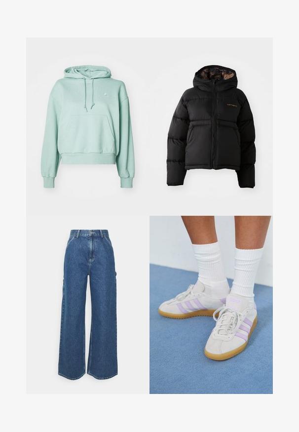Svart boblejakke med hette, med glidelås, horisontalt quiltet design og et mykt, teksturert innerfôr. Carhartt-logoen er synlig.; Mintgrønn hettegenser laget av myk stoff, med en frontlomme, snor og ribbestrikkede mansjetter og kant. Liten logo på brystet.; Videbeinete blå denimbukser med høy midje, kontraststing, og sidelommer, med et klassisk fem-lommers design og rå kanter.; Lys grå semsket sneakers med tre lavendelstriper, gummisåle, flate lisser og hvite ribbede sokker. Plassert mot en blå bakgrunn.