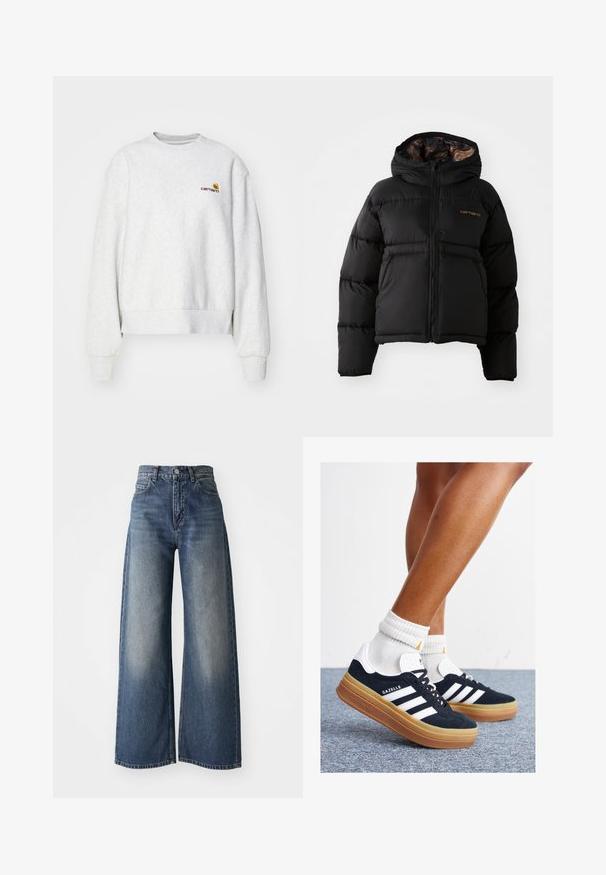 Black puffer jacket with a hood, featuring a zip closure, horizontal quilted design, and a soft, textured inner lining. Carhartt logo displayed.; Gray crew-neck sweatshirt in a soft fabric with ribbed cuffs and hem; features embroidered logo on the chest in yellow and maroon.; Blue high-waisted wide-leg jeans with front button and pockets, faded texture on thighs and a straight hem.; Black suede sneakers with white stripes and accents, rounded toe, gum rubber outsole, paired with white ribbed crew socks.