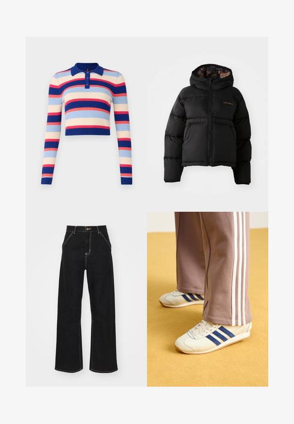 Juoda pūkinė striukė su gobtuvu, su užtrauktuku, horizontaliu siuvinėjimu ir minkšta, tekstūruota vidine pamušalu. Carhartt logotipas.; Ribota, trumpa polo megztinis su ilgomis rankovėmis, apipavidalintas horizontaliais mėlynos, kreminės, rožinės ir raudonos spalvų dryžiais. Keturių mygtukų užsegimas ant apykaklės.; Juodi platūs džinsai, pagaminti iš džinsinio audinio, su kontrastingomis baltomis siūlėmis ir priekiniais mygtukais, turintys du kampinius priekinio kišenes.; Kreminės sportinės bateliai su mėlynos nubuko juostelėmis, baltos raišteliais ir guminėmis padangomis. Sukomplektuota su pilkomis sportinėmis kelnėmis, turinčiomis baltas šonines juosteles.