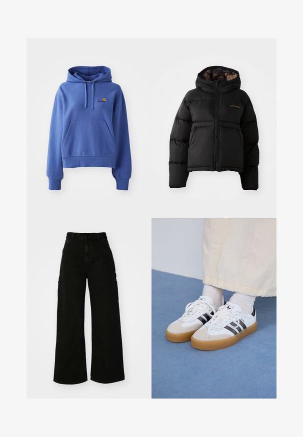Zwarte gewatteerde jas met een capuchon, voorzien van een ritssluiting, een horizontaal doorgestikte design en een zachte, textuurachtige voering. Carhartt-logo zichtbaar.; Blauwe hoodie gemaakt van een katoenmix, met een voorzak, ribgebreide manchetten en onderkant, en een op de borst geborduurd logo.; Zwarte wijde cargobroek van denim, met een hoge taille, sluiting met een knop aan de voorkant en zijzakken. Gladde textuur met minimale stiksels.; Witte sneakers met zwarte strepen en beige suède accenten. Voorzien van een gestructureerde gumzool en platte witte veters, gedragen met lichtgekleurde sokken.