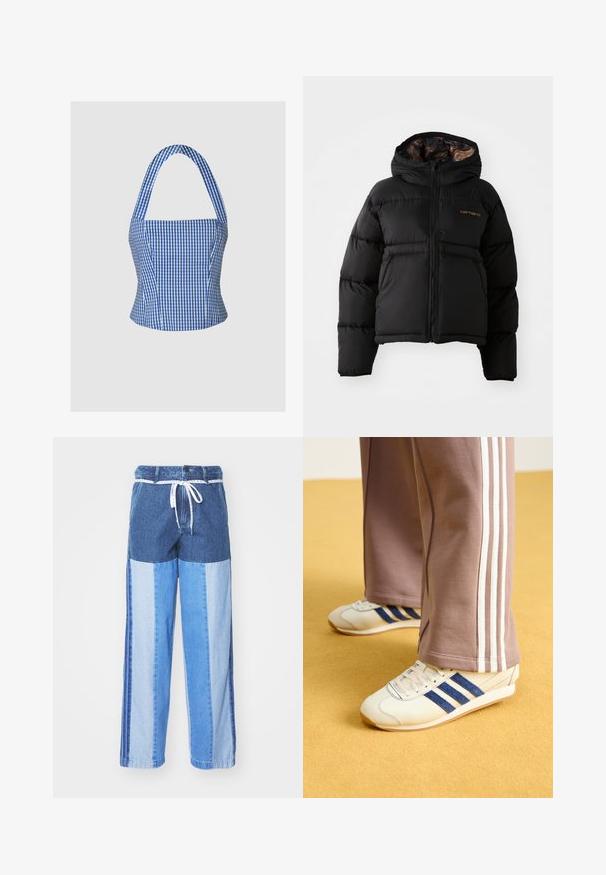 Fekete puffernadrág kapucnival, cipzárral záródik, vízszintes steppelt kialakítással és puha, texturált belső béléssel rendelkezik. Carhartt logóval ellátva.; Kék és fehér kockás crop top, strukturált mellrésszel, pánt nélküli nyakkal és széles pántokkal, amely sima szövettextúrával és feszes sziluettel rendelkezik.; Kék farmernadrág, foltvarrásos dizájnnal, különböző árnyalatú kékekből, húzózsinóros derékkal és laza, egyenes szabású lábakkal.; Krém színű sneakers, kék velúr csíkokkal, fehér fűzővel és gumitalppal. Szürke melegítőnadrággal párosítva, fehér oldalsó csíkokkal.