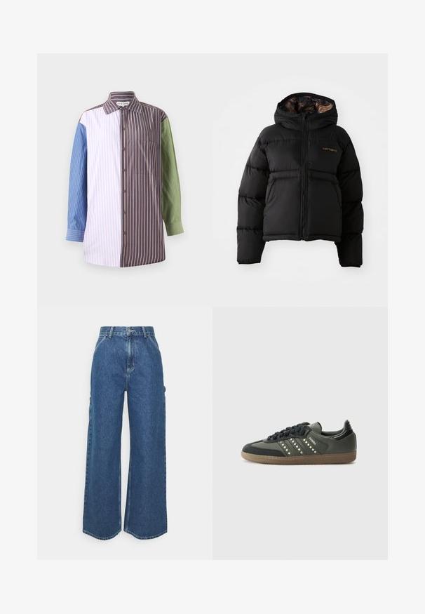 Sort dunjakke med hætte, der har lynlåslukning, vandret quiltet design og en blød, tekstureret indvendig foring. Carhartt-logoet er vist.; Stribet skjorte med knaplukning, der har sektioner i blå, lyserød, brun og grøn. Indeholder en brystlomme og krave.; Bredde ben blå denimbukser med høj talje, kontrastsyede sømme og sidelommer, med et klassisk fem-lomme design og rå kanter.; adidas Originals SAMBA OG - Sneakers - core black/legend earth/gum