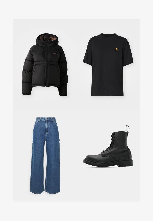 Giacca a vento nera con cappuccio, dotata di chiusura con zip, design a righe orizzontali e un morbido rivestimento interno testurizzato. Logo Carhartt ben visibile.; T-shirt in cotone nero con una vestibilità rilassata. Presenta un collo rotondo e maniche corte. Include un piccolo logo ricamato in oro sul petto.; Pantaloni in denim blu a gamba larga con vita alta, cuciture a contrasto e tasche laterali, caratterizzati da un classico design a cinque tasche e orli grezzi.; Stivale da combattimento in pelle nera con punta tonda, chiusura con lacci e linguetta alla caviglia. Presenta una suola in gomma spessa per durabilità.