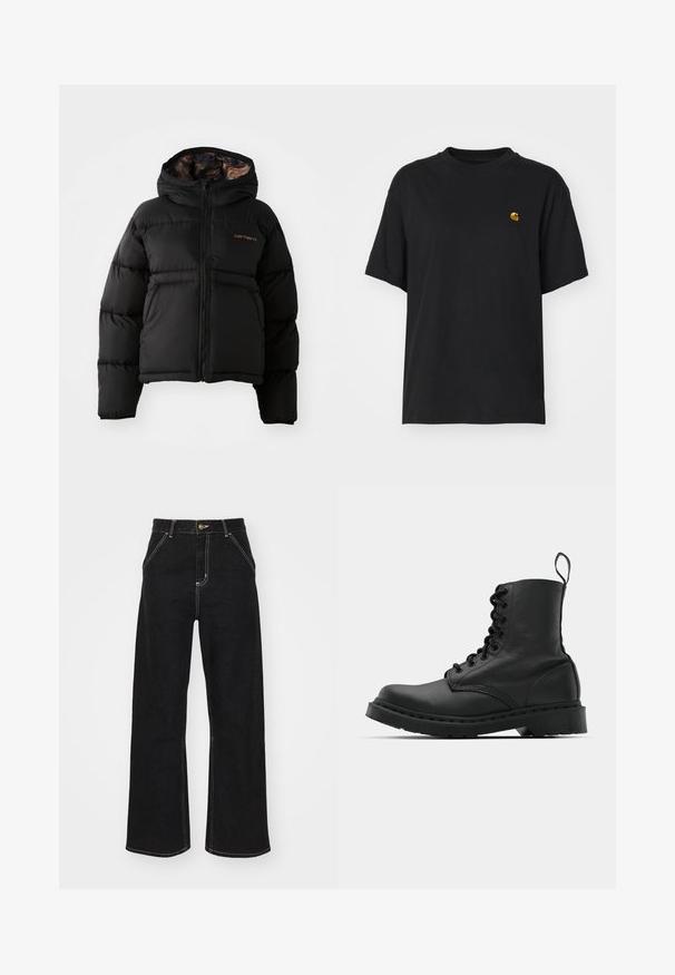 Casaco puffer preto com capuz, apresentando um fecho com zíper, design acolchoado horizontal e um forro interior macio e texturizado. Logótipo da Carhartt visível.; T-shirt de algodão preto com um corte descontraído. Apresenta um decote redondo e mangas curtas. Inclui um pequeno logotipo bordado a dourado no peito.; Calças de ganga largas pretas, com costuras brancas em contraste e fecho frontal com botão, apresentando dois bolsos frontais inclinados.; Bota de combate em couro preto com bico redondo, atacadores na parte da frente e um puxador no tornozelo. Apresenta uma sola de borracha grossa para maior durabilidade.