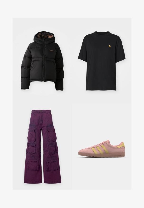 Svart puffjacka med huva, med dragkedja, horisontellt quiltad design och en mjuk, texturerad foder. Carhartt-logotyp synlig.; Svart bomullströja med en avslappnad passform. Har rund hals och korta ärmar. Inkluderar en liten guld broderad logotyp på bröstet.; Lila cargo-byxor med vida ben, försedda med flera fram- och sidofickor, kontrasterande sömmar och en knappstängning i midjan.; Rosa mockaskin sneakers med tre gula ränder, rund tå och texturerad gummisula. Lågprofil design med vadderad krage.