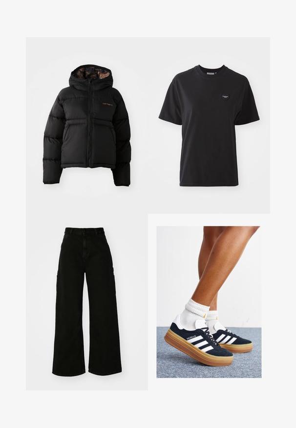 Zwarte gewatteerde jas met een capuchon, voorzien van een ritssluiting, een horizontaal doorgestikte design en een zachte, textuurachtige voering. Carhartt-logo zichtbaar.; Zwarte katoen t-shirt met een ronde hals, korte mouwen en een klein hartvormig logo linksboven. Soepele textuur, comfortabele pasvorm.; Zwarte wijde cargobroek van denim, met een hoge taille, sluiting met een knop aan de voorkant en zijzakken. Gladde textuur met minimale stiksels.; Zwarte suède sneakers met witte strepen en accenten, ronde neus, gum rubberen buitenzool, gecombineerd met witte geribbelde crewkousen.