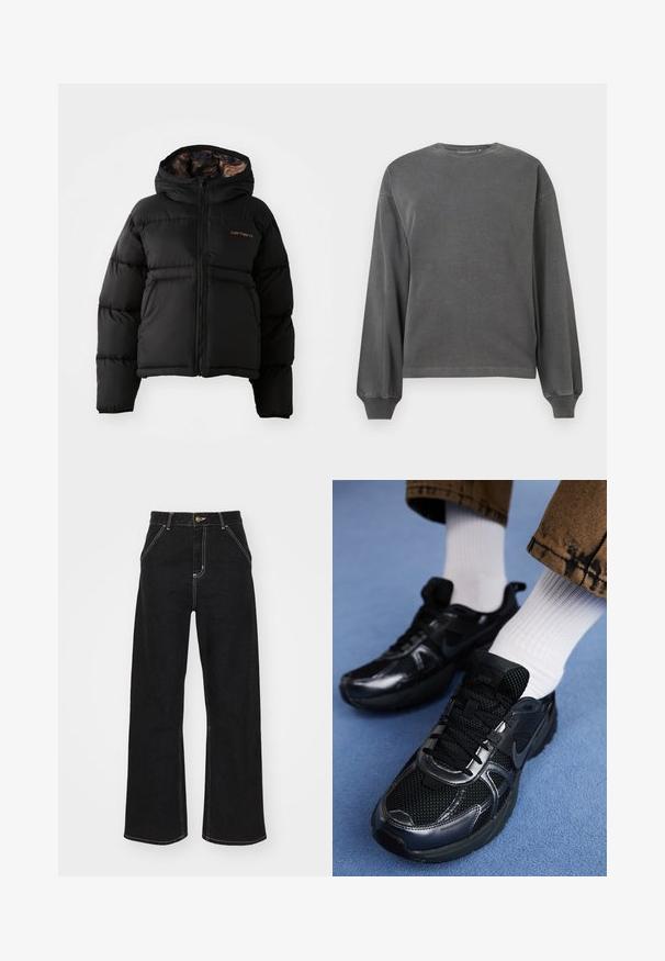 Must 黑色的羽绒外套,带有帽子,配有拉链闭合,水平绗缝设计,以及柔软、有质感的内衬。显眼的 Carhartt 标志。; Hallide hallane pikkade varrukatega sviitriga ümar kaelus, valmistatud pehmest kangast. Omab ribakoodi varrukaotsasid ja vabalt langevat lõiget. Minimalistlik disain, ilma mustriteta.; Mustmustest mustadest denimist, millel on kontrastsed valged õmblused ja esine nupp, kahe nurga all asuva esipocketiga.; Mustad mustad mustad mustad mustad mustad mustad mustad mustad mustad, millel on läikivad aktsendid, musta värvi paelad ning tekstuuriga tald. Kombineeritud valgete ribadega sokkidega.