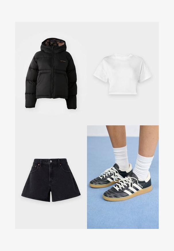 Čierna páperová bunda s kapucňou, s uzáverom na zips, horizontálnym prešívaním a jemným, textúrovaným vnútorným podšívkou. Zobrazené logo Carhartt.; Biele skrátené tričko z bavlny. Krátke rukávy, okrúhly výstrih, hladká textúra, ležérny dizajn bez vzorov alebo ozdôb.; Čierne denimové kraťasy s vysokým pásom, so zapínaním na prednom leme, piatimi vreckami a jemne rozšíreným strihom.; Čierne kožené tenisky s bielymi pruhmi, okrúhlou špičkou, bielymi šnúrkami a gumovou podrážkou. Vyzdvihujú ich vypchávkovaný golier a detaily s logom.