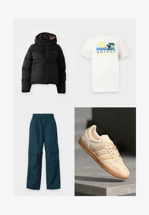 Svart boblejakke med hette, med glidelås, horisontalt quiltet design og et mykt, teksturert innerfôr. Carhartt-logoen er synlig.; Hvit bomulls t-skjorte med grafisk design som viser en sol, palmer og vann. "ADIDAS Sports Club" trykket i grønt og gult.; Teal cargo bukser med elastisk talje, to sidelommer og løs pasform. Lavet af letvægtsmateriale med syningsdetaljer.; Lys beige suedette sneakers med gummisåle, tre diagonale striper og en teksturert tåhette. Har logo på tungen og siden.