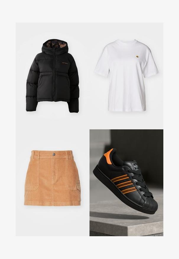 Schwarze Daunenjacke mit Kapuze, ausgestattet mit einem Reißverschluss, horizontalem Steppmuster und einem weichen, strukturierten Innenfutter. Carhartt-Logo sichtbar.; Weißes Baumwoll-T-Shirt mit lockerem Schnitt, kurzen Ärmeln und einem kleinen gestickten Logo auf der linken Brustseite.; Hellbrauner Cord-Rock in Mini-Länge mit hohem Taillenbund, vorderen Taschen und einer glatten Textur mit vertikalen Rippungen.; Schwarze Sneaker mit orangen Akzenten, drei horizontalen Streifen, strukturiertem Lederobermaterial, Gummikappe und schwarzen Schnürsenkeln.