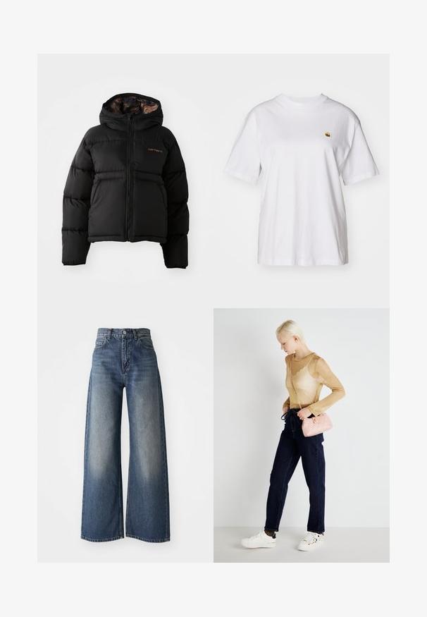 Crna puffer jakna s kapuljačom, s patentnim zatvaračem, horizontalnim kvadratnim dizajnom i mekim, teksturiranim unutarnjim oblogom. Prikazan Carhartt logotip.; Bijela pamučna majica s opuštenim krojem, kratkim rukavima i malim izvezenim logom na lijevoj strani prsnog dela.; Plave traperice visokog struka širokih nogavica s prednjim gumbom i džepovima, izblijedjela tekstura na bedrima i ravni rub.; Prozirna zlatna košulja dugih rukava uparena s tamnoplavim ravnim trapericama. Nosim malu ružičastu torbicu s prošivenim uzorkom i lančanim remenom, uz bijele tenisice.