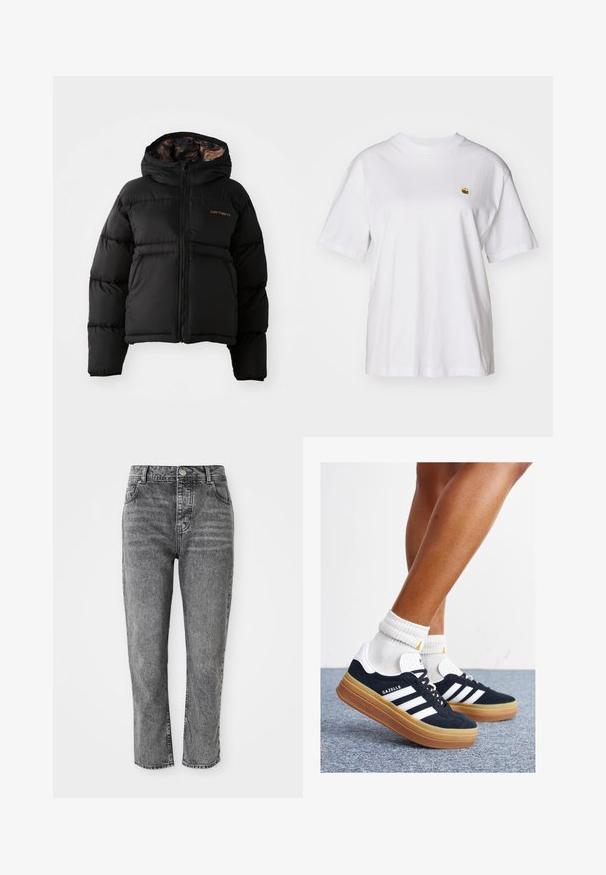 Must 黑色的羽绒外套,带有帽子,配有拉链闭合,水平绗缝设计,以及柔软、有质感的内衬。显眼的 Carhartt 标志。; Valge puuvillane T-särk, millel on lõdva lõikega, lühikesed varrukad ja väike broderi logo vasakul rinnakarpi.; Hallide denim teksad kõrge vöökohaga, sirge lõikega, ees taskud ja väike metallne nööp detail vööl.; Mustad seemisnahast tossud valgete triipude ja detailidega, ümarate varbassosadega, kummist välistallaga, paaritatud valgete soonikuliste meessokkidega.