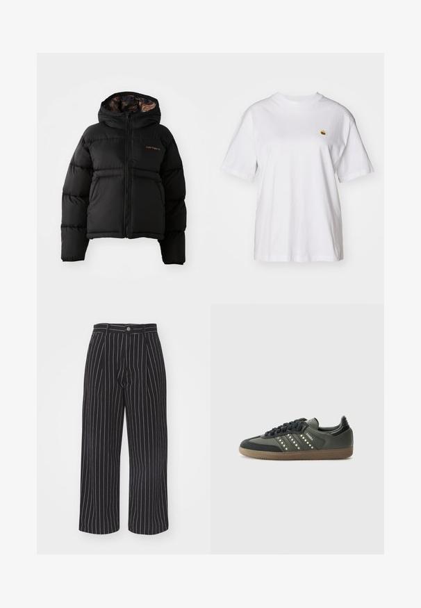Juoda pūkinė striukė su gobtuvu, su užtrauktuku, horizontaliu siuvinėjimu ir minkšta, tekstūruota vidine pamušalu. Carhartt logotipas.; Balta medvilnė marškinėliai su laisvu sijonu, trumpomis rankovėmis ir maža siuvinėta logo kairėje krūtinės pusėje.; Juodos juostelės plačių kojų kelnės su aukštu liemeniu, turinčios priekinį mygtuką ir subtilų tekstūruotą audinį.; adidas Originals SAMBA OG - Sportbačiai - core black/legend earth/gum