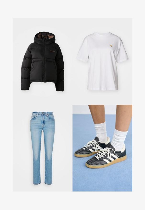Zwarte gewatteerde jas met een capuchon, voorzien van een ritssluiting, een horizontaal doorgestikte design en een zachte, textuurachtige voering. Carhartt-logo zichtbaar.; Witte katoenen t-shirt met een relaxte pasvorm, korte mouwen en een klein geborduurd logo op de linkerborst.; Lichtblauwe denim jeans met een rechte snit, vijf zakken, knoopsluiting en subtiele vervaging op de dijen.; Zwarte leren sneakers met witte strepen, ronde neus, witte veters en een gumrubberen zool. Versterkt met een gevoerd kraag en merkdetails.