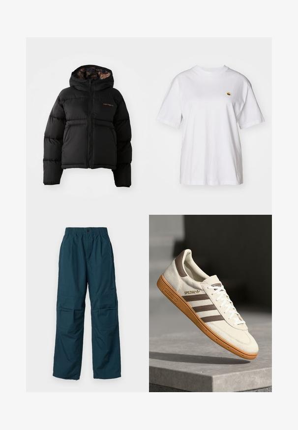Doudoune noire avec capuche, dotée d'une fermeture zippée, d'un design matelassé horizontal et d'une doublure intérieure douce et texturée. Logo Carhartt affiché.; T-shirt en coton blanc avec une coupe décontractée, des manches courtes et un petit logo brodé sur la poitrine gauche.; Pantalons cargo teal avec une taille élastique, deux poches latérales et une coupe ample. Fabriqués en matériau léger, avec des détails de couture.; Baskets en suède blanc avec des accents en cuir marron, trois rayures marron et lacets blancs. Présente une semelle en gomme texturée et un logo doré "SPEZIAL".