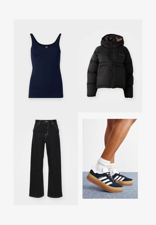 Casaco puffer preto com capuz, apresentando um fecho com zíper, design acolchoado horizontal e um forro interior macio e texturizado. Logótipo da Carhartt visível.; Top de alças azul-marinho feito de um tecido suave e elástico, com decote redondo e alças largas. Design simples, sem padrões ou detalhes.; Calças de ganga largas pretas, com costuras brancas em contraste e fecho frontal com botão, apresentando dois bolsos frontais inclinados.; Ténis de camurça preta com riscas e detalhes brancos, biqueira arredondada, sola em borracha cor de goma, combinados com meias brancas caneladas até à altura do tornozelo.