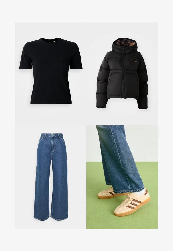 Chaqueta de plumas negra con capucha, con cierre de cremallera, diseño acolchado horizontal y un forro interior suave y texturizado. Logo de Carhartt visible.; Camiseta de manga corta negra con textura acanalada y escote redondo; presenta un logo sutil en el pecho; fabricada con un tejido suave y texturizado.; Pantalones vaqueros de pierna ancha en azul con cintura alta, costuras en contraste y bolsillos laterales, que cuentan con un diseño clásico de cinco bolsillos y dobladillos sin rematar.; Zapatillas beige con paneles de crema texturizados y rayas marrones, combinadas con unos jeans de mezclilla azul. Los jeans tienen un corte de pierna ancha y dobladillo deshilachado.