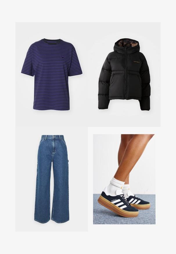 Juoda pūkinė striukė su gobtuvu, su užtrauktuku, horizontaliu siuvinėjimu ir minkšta, tekstūruota vidine pamušalu. Carhartt logotipas.; Carhartt WIP VERNER - Marškinėliai su spaudiniu - black/aura; Plačios mėlynos džinsinės kelnes su aukštu juosmeniu, kontrastingais siūlais ir šoninėmis kišenėmis, turinčios klasikinį penkių kišenių dizainą ir brutalius kraštus.; Juodi zomšiniai sportbačiai su baltais dryžiais ir akcentais, apvalios nosies, guminio, gumos pado, derinami su baltais raitytais vidutinio ilgio kojinaitėmis.