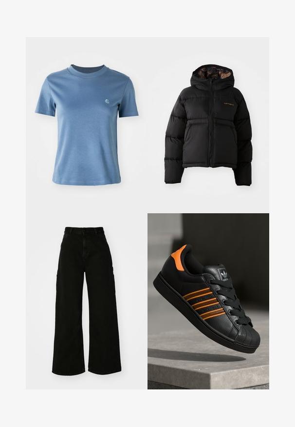 Giacca a vento nera con cappuccio, dotata di chiusura con zip, design a righe orizzontali e un morbido rivestimento interno testurizzato. Logo Carhartt ben visibile.; T-shirt azzurro chiaro a maniche corte con collo a giro e piccolo logo bianco sul lato sinistro del petto su uno sfondo bianco plain.; Pantaloni cargo neri a gamba larga in denim, con vita alta, chiusura frontale con bottone e tasche laterali. Texture liscia con cuciture minime.; Sneaker nera con accenti arancioni, tre strisce orizzontali, parte superiore in pelle texture, punta in gomma e lacci neri.