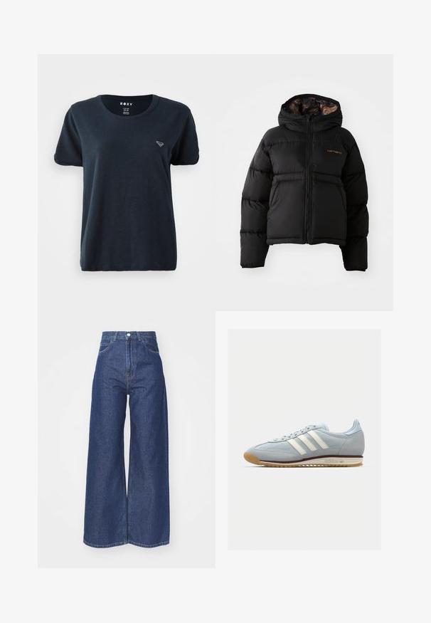 Zwarte gewatteerde jas met een capuchon, voorzien van een ritssluiting, een horizontaal doorgestikte design en een zachte, textuurachtige voering. Carhartt-logo zichtbaar.; Navy blauwe T-shirt met korte mouwen, gemaakt van zachte stof, met een ronde halslijn en een klein logo op de linkerborst. Eenvoudig en casual ontwerp.; Wijd-uitlopende jeans van donkerblauwe denim. Hoge taille met een ritssluiting en knoopsluiting. Bevat klassieke vijf-pocket styling en gezoomde randen.; Lichtblauwe suède sneakers met witte drie streepen, rubberen zool en textuur-mesh. Voorzien van een gladde neuskap en branding op de hak.