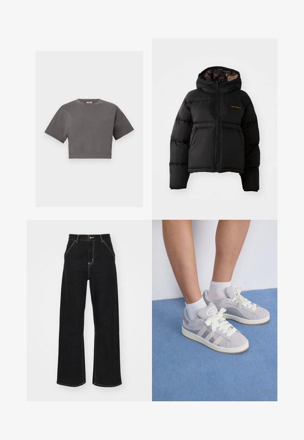 Juoda pūkinė striukė su gobtuvu, su užtrauktuku, horizontaliu siuvinėjimu ir minkšta, tekstūruota vidine pamušalu. Carhartt logotipas.; Pilkos spalvos trumpas medvilninis marškinėliai, su trumpomis rankovėmis, apvaliu iškirpimu ir paprastu, be raštų dizainu.; Juodi platūs džinsai, pagaminti iš džinsinio audinio, su kontrastingomis baltomis siūlėmis ir priekiniais mygtukais, turintys du kampinius priekinio kišenes.; Pilki zomšiniai sportbačiai su baltais raišteliais ir guminiais padais, puikuojantys trimis įstrižainėmis juostelėmis šone ir logotipo etikete ant liežuvio.