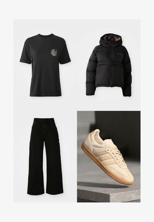 Svart boblejakke med hette, med glidelås, horisontalt quiltet design og et mykt, teksturert innerfôr. Carhartt-logoen er synlig.; Svart bomulls T-skjorte med rund hals og korte ermer, med et teksturert grafisk design av en spiral på venstre brystlommeområde.; Svart vide ben cargo bukser laget av denim, med høy midje, front knappestenging og sidelommer. Glatt tekstur med minimal søm.; Lys beige suedette sneakers med gummisåle, tre diagonale striper og en teksturert tåhette. Har logo på tungen og siden.