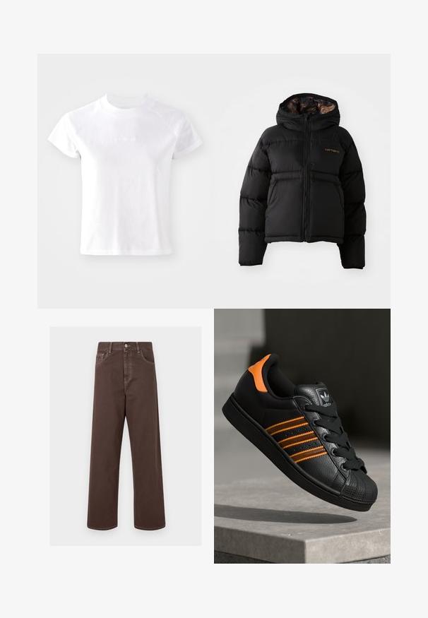 Jachetă puffer neagră cu glugă, care dispune de un închidere cu fermoar, design matlasat orizontal și o căptușeală interioară moale și texturată. Logo-ul Carhartt este afișat.; Tricou alb cu mânecă scurtă, cu un guler rotund, fabricat dintr-un material moale din bumbac. Are un logo subtil pe față și o croială lejeră.; Pantaloni din denim maro, cu croială largă, cusături contrastante, cinci buzunare și închidere cu un buton metalic. Textură netedă, croială dreaptă.; Adidași negri cu accente portocalii, trei dungi orizontale, parte superioară din piele texturată, capac de cauciuc pentru vârf și șireturi negre.