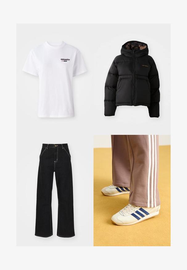 Zwarte gewatteerde jas met een capuchon, voorzien van een ritssluiting, een horizontaal doorgestikte design en een zachte, textuurachtige voering. Carhartt-logo zichtbaar.; Witte t-shirt met korte mouwen en ronde hals, met een klein zwart en paars Carhartt WIP-logo op de linkerkant van de borst.; Zwarte wijde jeans van denim, met contrasterende witte stiksels en een sluiting met knoop aan de voorkant, voorzien van twee schuin geplaatste zakken aan de voorkant.; Creatieve sneakers met blauwe suède strepen, witte veters en een rubberen zool. Gecombineerd met grijze trainingsbroeken met witte zijkanten.