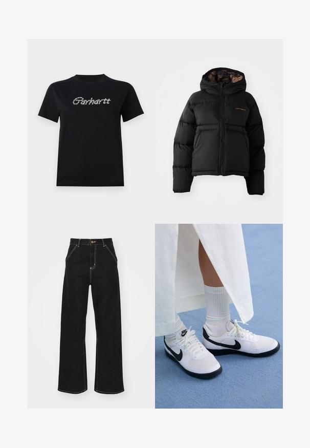 Doudoune noire avec capuche, dotée d'une fermeture zippée, d'un design matelassé horizontal et d'une doublure intérieure douce et texturée. Logo Carhartt affiché.; T-shirt en coton noir à manches courtes et encolure ronde. Présente le logo "Carhartt" en blanc, dans un design texturé ressemblant à une chaîne sur la poitrine.; Jean large noir en denim, avec des coutures blanches contrastantes et une fermeture à bouton à l'avant, ainsi que deux poches avant en biais.; Baskets Nike blanches avec des accents noirs, présentant un dessus en cuir lisse, des lacets blancs et des semelles en caoutchouc robustes, associées à des chaussettes blanches à côtes.