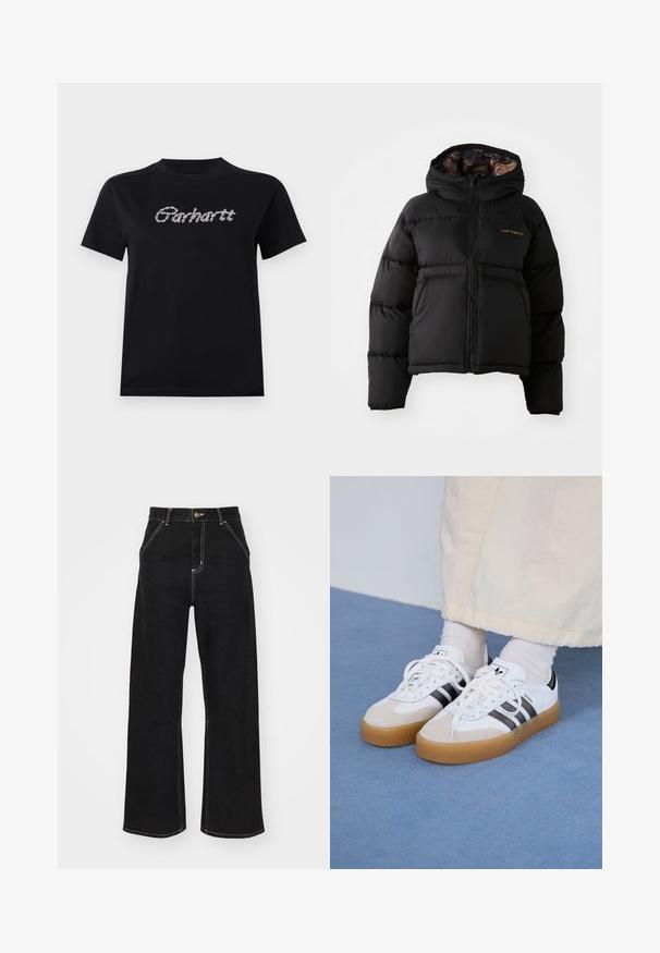 Juoda pūkinė striukė su gobtuvu, su užtrauktuku, horizontaliu siuvinėjimu ir minkšta, tekstūruota vidine pamušalu. Carhartt logotipas.; Juodas medvilninis marškinėliai trumpomis rankovėmis ir apvaliu kaklu. Yra "Carhartt" logotipas baltu, tekstūruotu, grandininio tipo dizainu per krūtinę.; Juodi platūs džinsai, pagaminti iš džinsinio audinio, su kontrastingomis baltomis siūlėmis ir priekiniais mygtukais, turintys du kampinius priekinio kišenes.; Baltos sportbačiai su noir juostomis ir šviesiai rudos zomšos akcentais. Yra tekstūruota gumos padas ir plokščiomis baltomis raištelėmis, dėvimi su šviesiai spalvotomis kojinėmis.