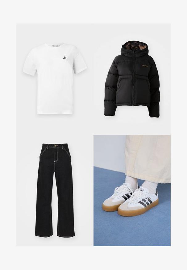 Melnā pūkaini jakā ar kapuci, kurai ir rāvējslēdzēja aizdare, horizontāla quilted dizaina un mīksta, teksturēta iekšējā oderē. Attēlota Carhartt logo.; Balta kokvilnas T-kreklu ar apaļu kakla izgriezumu, kurā uz kreisā krūšu ir neliels melns Eifeļa torņa logo. Īsas piedurknes un brīvs griezums.; Melnas platajās biksēs, kas izgatavotas no denima, ar kontrastējošas baltas šuves un priekšējo pogu aizdari, kā arī divām slīpajām priekšējām kabatām.; Baltas sporta apavi ar melnām svītrām un beisīgo zamšādu akcentiem. Ievies struktūrētu gumijas zoli un izkārtotas baltas šnerves, valkāti ar gaišiem zeķēm.