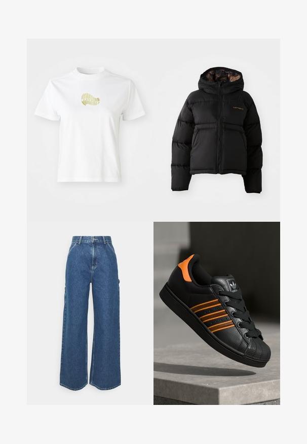 Black puffer jacket with a hood, featuring a zip closure, horizontal quilted design, and a soft, textured inner lining. Carhartt logo displayed.; White cotton t-shirt featuring a yellow graphic design on the front. Round neck, short sleeves, and a relaxed fit. Smooth texture.; Wide-leg blue denim trousers with a high waist, contrasting stitching, and side pockets, featuring a classic five-pocket design and raw hems.; Black sneaker with orange accents, three horizontal stripes, textured leather upper, rubber toe cap, and black laces.