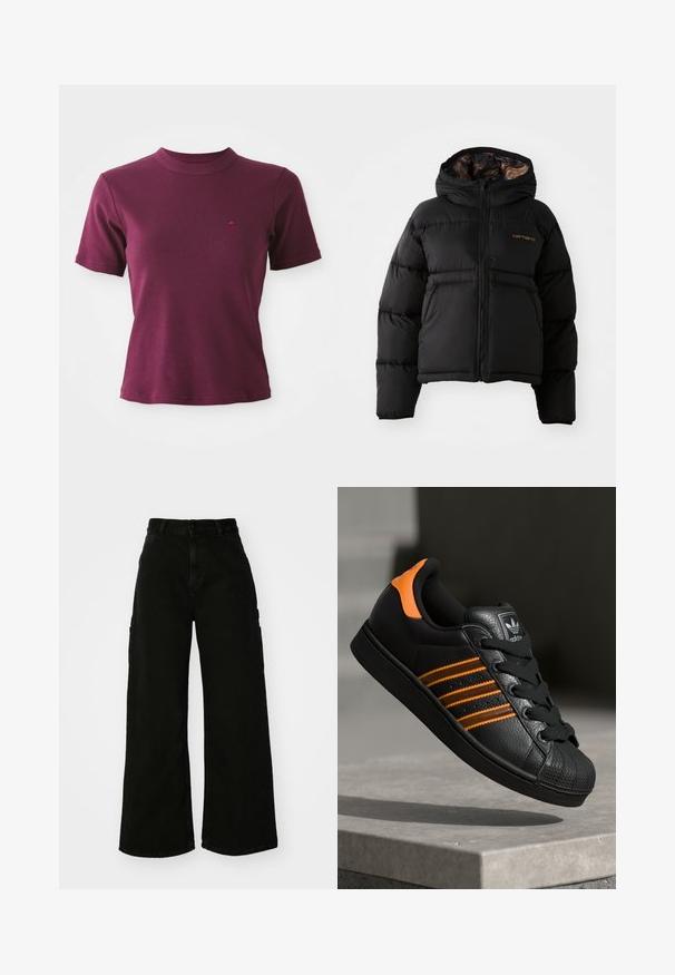 Doudoune noire avec capuche, dotée d'une fermeture zippée, d'un design matelassé horizontal et d'une doublure intérieure douce et texturée. Logo Carhartt affiché.; T-shirt bordeaux à manches courtes en tissu côtelé avec col rond et logo brodé discret sur la poitrine gauche.; Pantalons cargo larges noirs en denim, avec taille haute, fermeture à bouton sur le devant et poches latérales. Texture lisse avec des coutures minimales.; Baskets noires avec des accents orange, trois bandes horizontales, tige en cuir texturé, protection en caoutchouc à l'avant et lacets noirs.