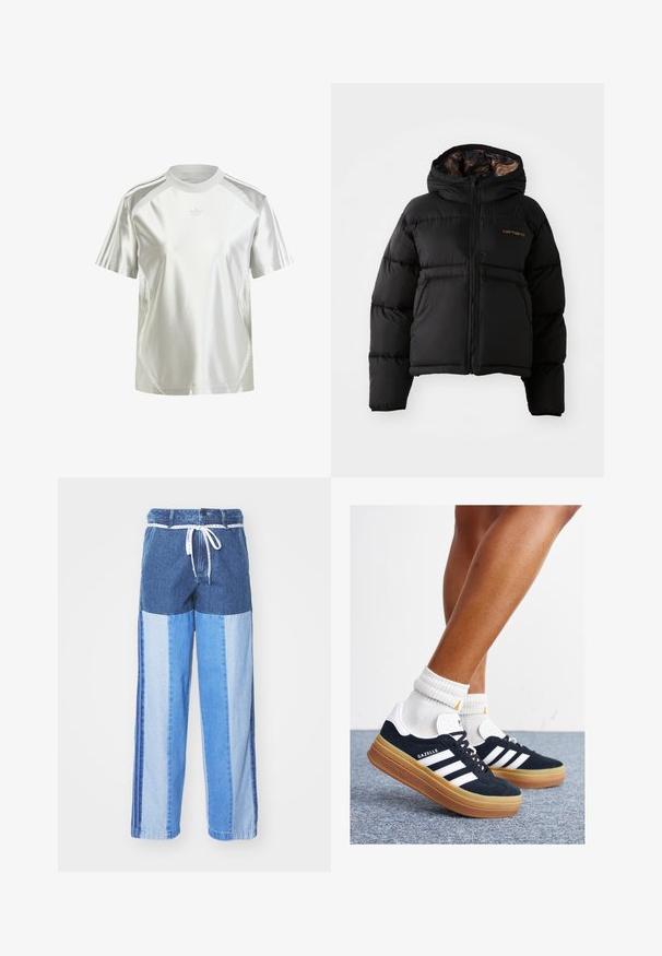 Juoda pūkinė striukė su gobtuvu, su užtrauktuku, horizontaliu siuvinėjimu ir minkšta, tekstūruota vidine pamušalu. Carhartt logotipas.; Balta sportinė marškinė, pagaminta iš blizgiai atrodantis medžiagos. Su trumpomis rankovėmis, apvaliu iškirpimu ir šoninėmis siūlėmis. Trys juostelės ant pečių.; Mėlyni džinsiniai aptiniai su įvairių atspalvių mėlyno audinio intarpais, su tamprių juosmeniu ir laisvais, tiesiais kirpimais.; Juodi zomšiniai sportbačiai su baltais dryžiais ir akcentais, apvalios nosies, guminio, gumos pado, derinami su baltais raitytais vidutinio ilgio kojinaitėmis.