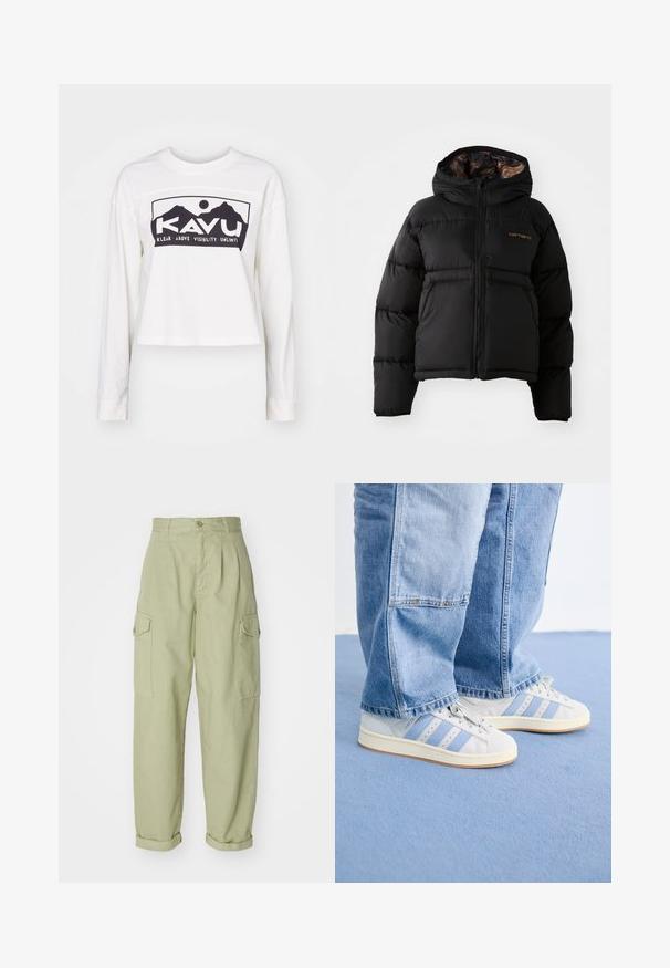Mustat puffatakki, jossa on huppu, vetoketjukiinnitys, vaakasuora tikattu muotoilu ja pehmeä, texturoitu sisävuori. Carhartt-logo esillä.; Valkoinen pitkähiha T-paita, jossa on cropattu design. Etupuolella musta graafinen printti vuorista ja teksti "KAVU". Pehmeä tekstuuri.; Vaaleanvihreät cargo-housut, jotka on valmistettu puuvillakankaasta. Omistaa korkean vyötärön, käännetyt hihnat ja kaksi sivu cargo-taskua lisäkäytännöllisyyttä varten.; Vaaleanharmaat lenkkarit sinisillä raidoilla, sileää nahkaa, pyöreä kärki ja valkoiset kumipohjat; yhdistetty vaaleansinisiin farkkuihin.