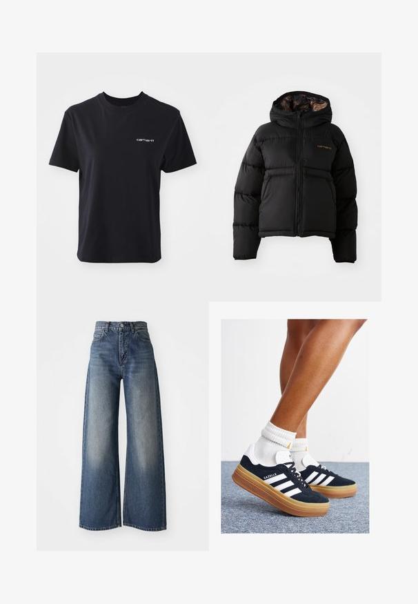 Chaqueta de plumas negra con capucha, con cierre de cremallera, diseño acolchado horizontal y un forro interior suave y texturizado. Logo de Carhartt visible.; Camiseta de algodón negra con cuello redondo, mangas cortas y el logotipo blanco de "carhartt" en el lado izquierdo del pecho. Textura suave, corte estándar.; Jeans de cintura alta, anchos y de pierna amplia en color azul, con botón en la parte frontal y bolsillos, textura desgastada en los muslos y dobladillo recto.; Zapatillas deportivas de gamuza negra con rayas y detalles blancos, puntera redondeada, suela de goma color caramelo, combinadas con calcetines blancos acanalados a la altura del tobillo.