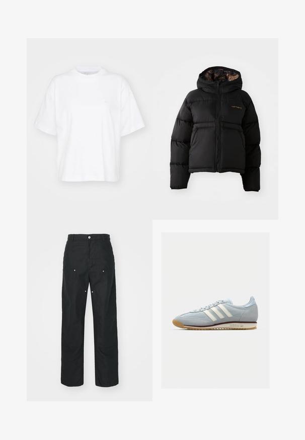 Zwarte gewatteerde jas met een capuchon, voorzien van een ritssluiting, een horizontaal doorgestikte design en een zachte, textuurachtige voering. Carhartt-logo zichtbaar.; Witte katoenen t-shirt met een ronde hals, korte mouwen en een ontspannen pasvorm. Heeft een subtiel logo op het linkerborstgedeelte. Zachte textuur.; Zwarte broek met een rechte pijpdesign, gemaakt van een textuurstof. Bevat decoratieve zilveren hardware en unieke naaddetails.; Lichtblauwe suède sneakers met witte drie streepen, rubberen zool en textuur-mesh. Voorzien van een gladde neuskap en branding op de hak.