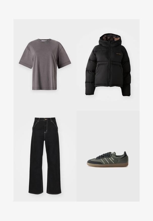 Casaco puffer preto com capuz, apresentando um fecho com zíper, design acolchoado horizontal e um forro interior macio e texturizado. Logótipo da Carhartt visível.; T-shirt cinza de manga curta com decote redondo, apresentando um corte solto e uma textura suave e macia. Sem padrões ou detalhes visíveis.; Calças de ganga largas pretas, com costuras brancas em contraste e fecho frontal com botão, apresentando dois bolsos frontais inclinados.; adidas Originals SAMBA OG - Sapatilhas - core black/legend earth/gum