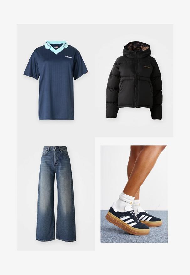 Casaco puffer preto com capuz, apresentando um fecho com zíper, design acolchoado horizontal e um forro interior macio e texturizado. Logótipo da Carhartt visível.; Camisa polo de manga curta azul-marinho com colarinho azul-claro e padrão de riscas verticais. Apresenta um logótipo branco da marca no peito.; Jeans de cintura alta, largos e largos de cor azul, com botão frontal e bolsos, textura desbotada nas coxas e bainha reta.; Ténis de camurça preta com riscas e detalhes brancos, biqueira arredondada, sola em borracha cor de goma, combinados com meias brancas caneladas até à altura do tornozelo.